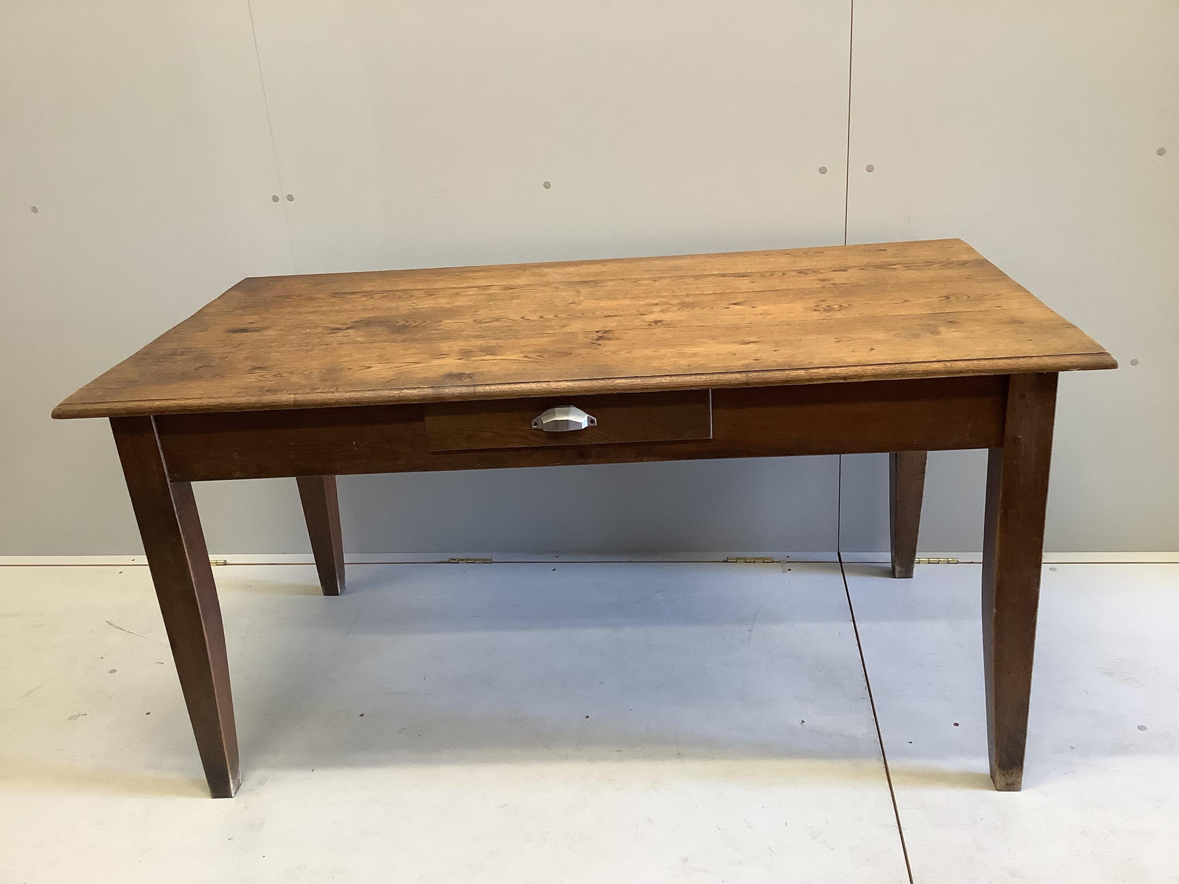 A French rectangular oak kitchen table with a single drawer, width 150cm, depth 78cm, height 75cm. Condition - fair